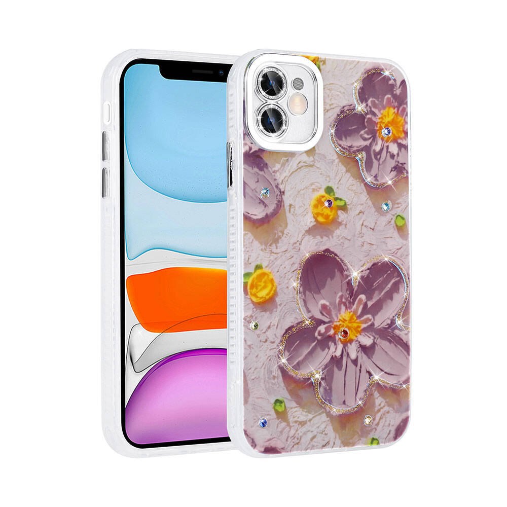 Apple iPhone 11 Kılıf Çiçek Desenli Parlak Taşlı Sert Silikon Zore Garden Kapak