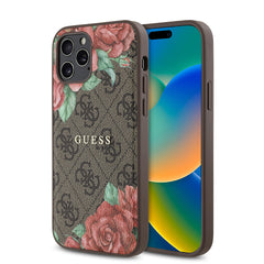 Apple iPhone 12 Pro Kılıf Guess Orjinal Lisanslı M-safe Şarj Özellikli Gül Baskılı 4G Desenli Yazı Logolu Kapak