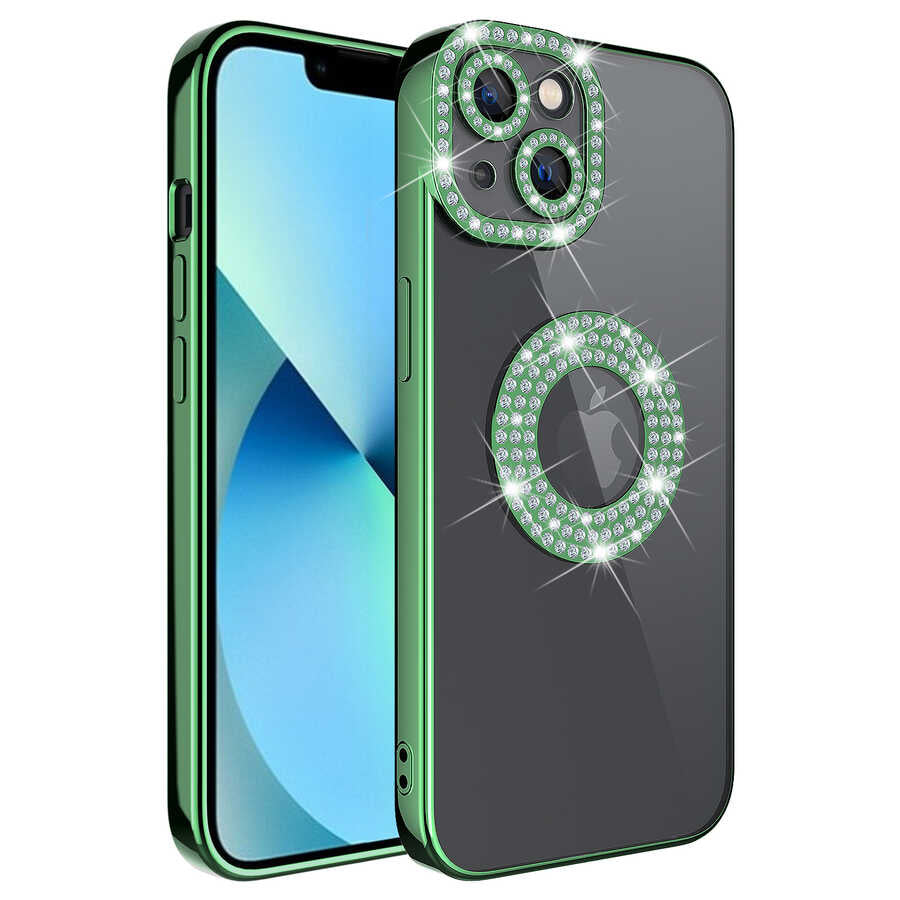Apple iPhone 13 Kılıf Kamera Korumalı Taş Süslemeli Arkası Şeffaf Zore Asya Kapak