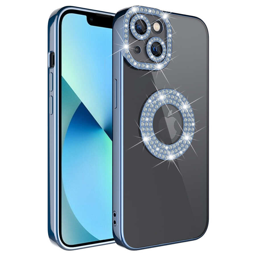 Apple iPhone 13 Kılıf Kamera Korumalı Taş Süslemeli Arkası Şeffaf Zore Asya Kapak