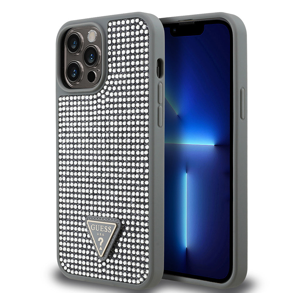 Apple iPhone 13 Pro Max Kılıf Guess Orjinal Lisanslı Taşlı Arka Yüzey Üçgen Logolu Kapak