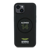 Apple iPhone 14 Kılıf Aston Martin Orjinal Lisanslı M-safe Şarj Özellikli PU Deri Alonso 14 Baskılı Kapak