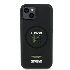 Apple iPhone 14 Kılıf Aston Martin Orjinal Lisanslı M-safe Şarj Özellikli PU Deri Alonso 14 Baskılı Kapak