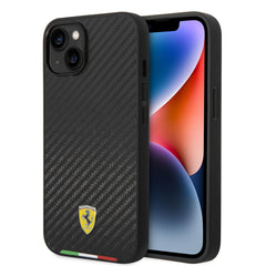Apple iPhone 14 Kılıf Ferrari M-safe Şarj Özellikli Karbon İtalyan Bayrak Dizayn Kapak