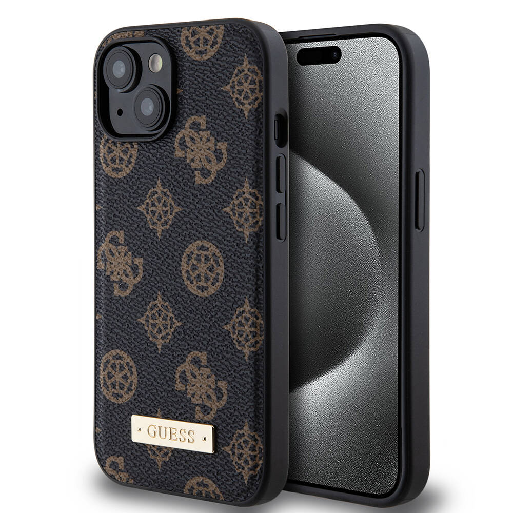 Apple iPhone 14 Kılıf Guess M-safe Şarj Özellikli PU Deri Desenli Metal Plaka Logolu Kapak