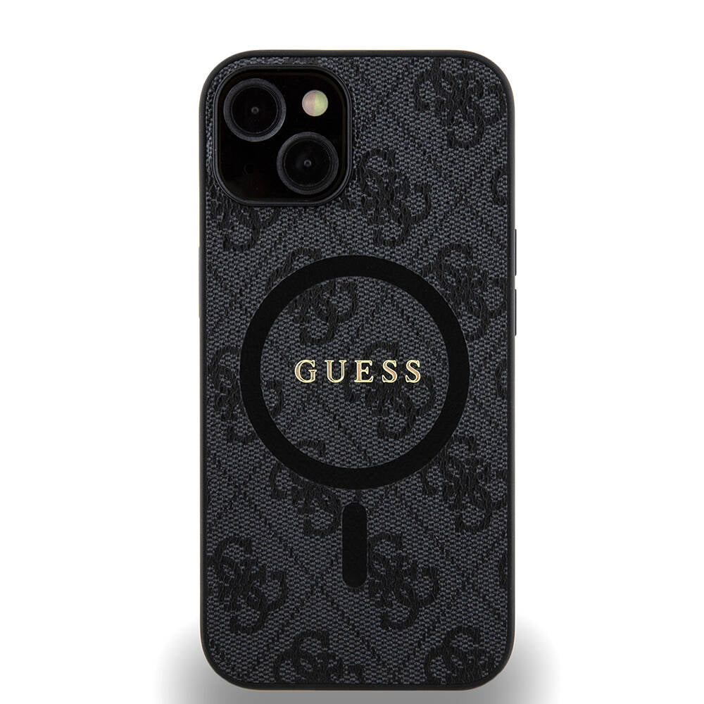 Apple iPhone 14 Kılıf Guess Orjinal Lisanslı M-safe Şarj Özellikli PU Halkalı 4G Desenli Yazı Logolu Kapak