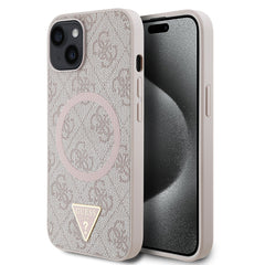 Apple iPhone 14 Kılıf Guess Orjinal Lisanslı M-safe Şarj Özellikli PU Üçgen Logo 4G Desenli Kapak