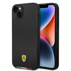 Apple iPhone 14 Plus Kılıf Ferrari Orjinal Lisanslı M-safe Şarj Özellikli Karbon İtalyan Bayrak Dizayn Kapak