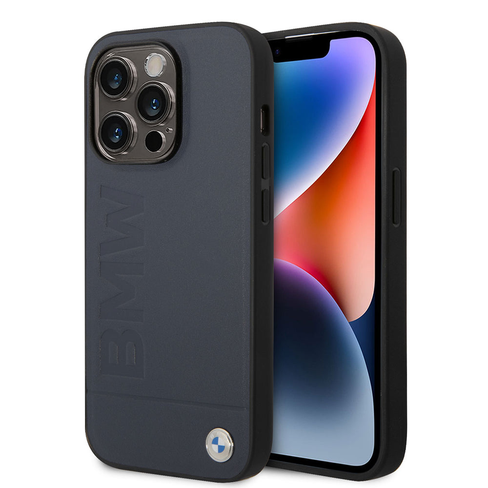 Apple iPhone 14 Pro Kılıf BMW M-safe Şarj Özellikli Deri Sıcak Mühür Baskılı Logo Dizayn Kapak