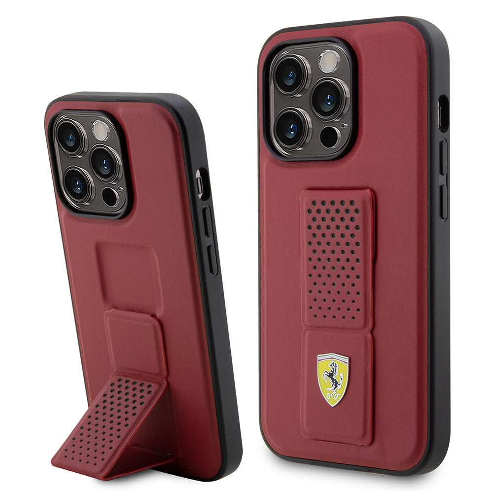 Apple iPhone 14 Pro Kılıf Ferrari Orjinal Lisanlı Klasik Metal Logolu Delikli Standlı Deri Kapak