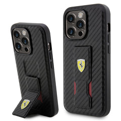 Apple iPhone 14 Pro Kılıf Ferrari Orjinal Lisanlı Klasik Metal Logolu Delikli Standlı Karbon Kapak