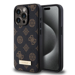 Apple iPhone 14 Pro Kılıf Guess M-safe Şarj Özellikli PU Deri Desenli Metal Plaka Logolu Kapak