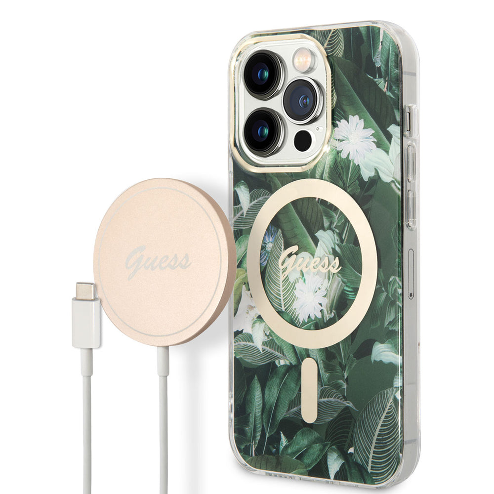 Apple iPhone 14 Pro Kılıf GUESS M-safe Şarj Özellikli Yaprak Desenli M-safe Şarj Kablolu Kapak