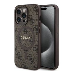 Apple iPhone 14 Pro Kılıf Guess Orjinal Lisanslı M-safe Şarj Özellikli PU Halkalı 4G Desenli Yazı Logolu Kapak