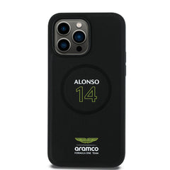 Apple iPhone 14 Pro Max Kılıf Aston Martin Orjinal Lisanslı M-safe Şarj Özellikli PU Deri Alonso 14 Baskılı Kapak