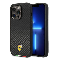 Apple iPhone 14 Pro Max Kılıf Ferrari M-safe Şarj Özellikli Karbon İtalyan Bayrak Dizayn Kapak