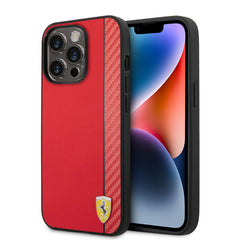 Apple iPhone 14 Pro Max Kılıf Ferrari M-safe Şarj Özellikli PU Deri Karbon Şeritli Dizayn Kapak