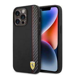 Apple iPhone 14 Pro Max Kılıf Ferrari M-safe Şarj Özellikli Pu Deri Ve Karbon Şeritli Dizayn Kapak