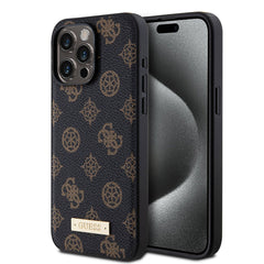 Apple iPhone 14 Pro Max Kılıf Guess M-safe Şarj Özellikli PU Deri Desenli Metal Plaka Logolu Kapak