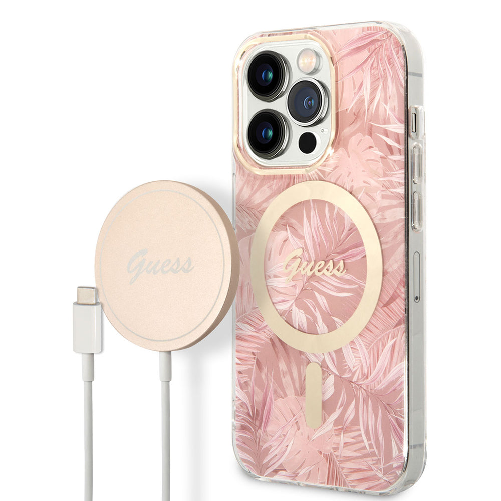 Apple iPhone 14 Pro Max Kılıf GUESS M-safe Şarj Özellikli Yaprak Desenli M-safe Şarj Kablolu Kapak