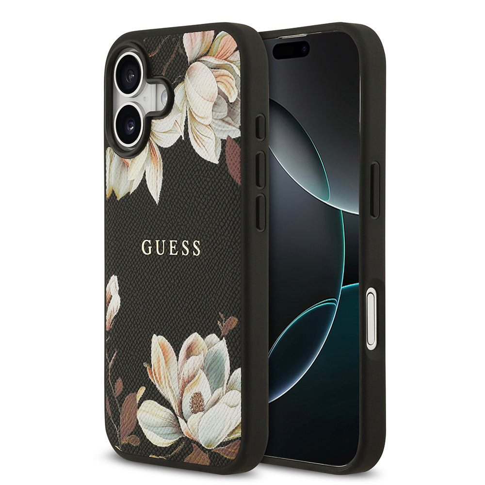 Apple iPhone 17 Kılıf Guess Orjinal Lisanslı M-safe Şarj Özellikli Taneli Çiçek Tasarımlı Metal Yazı Logolu Kapak