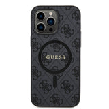 Apple iPhone 14 Pro Max Kılıf Guess Orjinal Lisanslı M-safe Şarj Özellikli PU Halkalı 4G Desenli Yazı Logolu Kapak