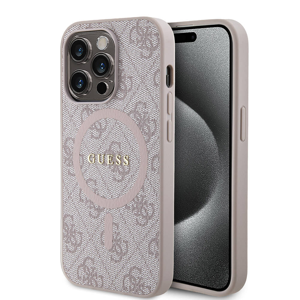 Apple iPhone 14 Pro Max Kılıf Guess Orjinal Lisanslı M-safe Şarj Özellikli PU Halkalı 4G Desenli Yazı Logolu Kapak