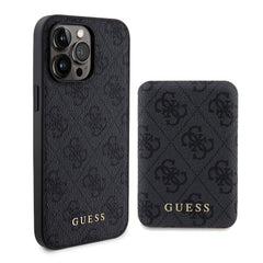 Apple iPhone 14 Pro Max Kılıf Guess Orjinal Lisanslı M-safe Şarj Özellikli Yazı Logolu 4G Desenli Kapak + Powerbank 5000mAh 2in1 Set