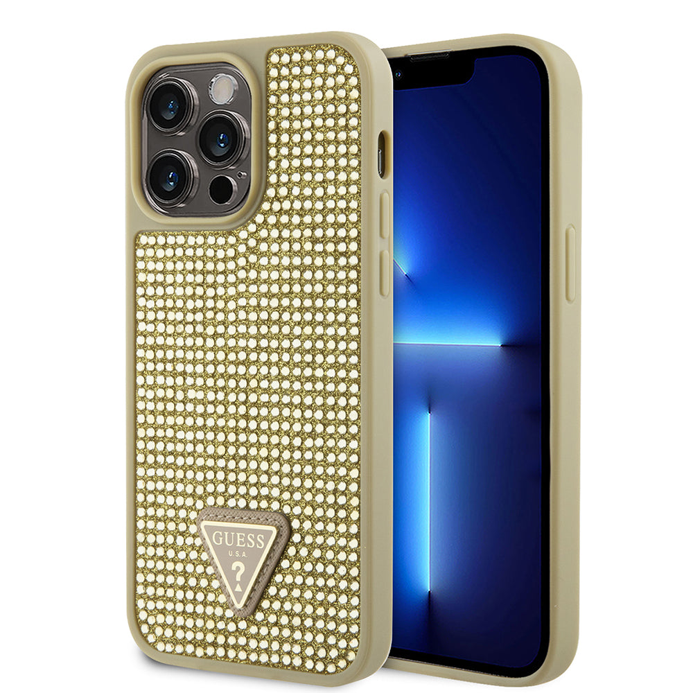 Apple iPhone 14 Pro Max Kılıf Guess Orjinal Lisanslı Taşlı Arka Yüzey Üçgen Logolu Kapak