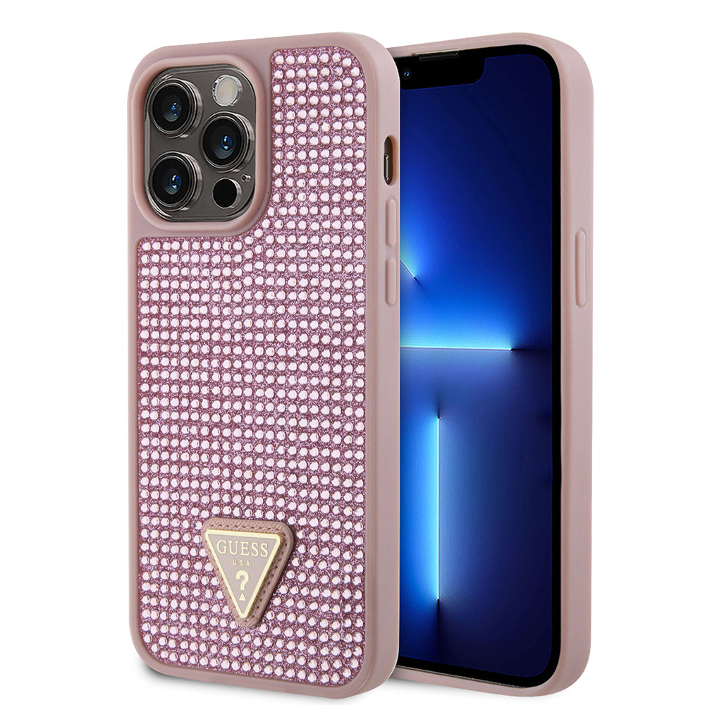 Apple iPhone 14 Pro Max Kılıf Guess Orjinal Lisanslı Taşlı Arka Yüzey Üçgen Logolu Kapak