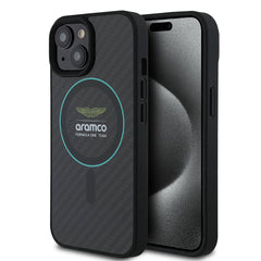 Apple iPhone 15 Kılıf Aston Martin Orjinal Lisanslı M-safe Şarj Özellikli Renkli Halka ve Karbon Fiber Tasarımlı Kapak