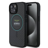 Apple iPhone 15 Kılıf Aston Martin Orjinal Lisanslı M-safe Şarj Özellikli Renkli Halka ve Karbon Fiber Tasarımlı Kapak