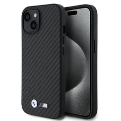 Apple iPhone 15 Kılıf BMW Orjinal Lisanslı Karbon Fiber Tasarımlı ve Metal Logolu PU Deri Kapak