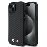 Apple iPhone 15 Kılıf BMW Orjinal Lisanslı Karbon Fiber Tasarımlı ve Metal Logolu PU Deri Kapak