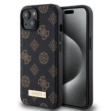 Apple iPhone 15 Kılıf Guess M-safe Şarj Özellikli PU Deri Desenli Metal Plaka Logolu Kapak