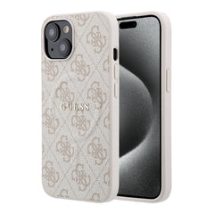 Apple iPhone 15 Kılıf Guess Orjinal Lisanslı M-safe Kabartmalı 4G Desenli Yazı Logolu Kapak