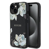 Apple iPhone 15 Kılıf Guess Orjinal Lisanslı M-safe Şarj Özellikli Taneli Çiçek Tasarımlı Metal Yazı Logolu Kapak