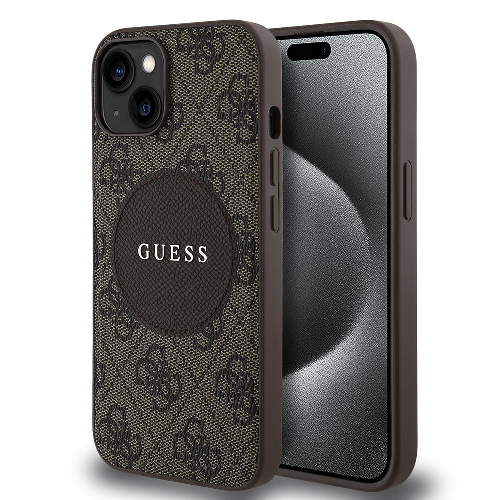 Apple iPhone 15 Kılıf Guess Orjinal Lisanslı M-safe Şarj Özellikli Yazı Logolu Circle Classic Kapak