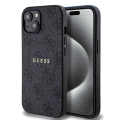 Apple iPhone 15 Kılıf Guess Orjinal Lisanslı M-safe Şarj Özellikli PU Halkalı 4G Desenli Yazı Logolu Kapak