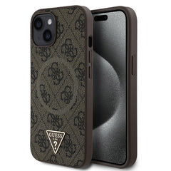 Apple iPhone 15 Kılıf Guess Orjinal Lisanslı M-safe Şarj Özellikli PU Üçgen Logo 4G Desenli Kapak