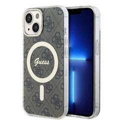 Apple iPhone 15 Kılıf Guess Orjinal Lisanslı M-safe Şarj Özellikli Yazı Logolu 4G Desenli Kapak