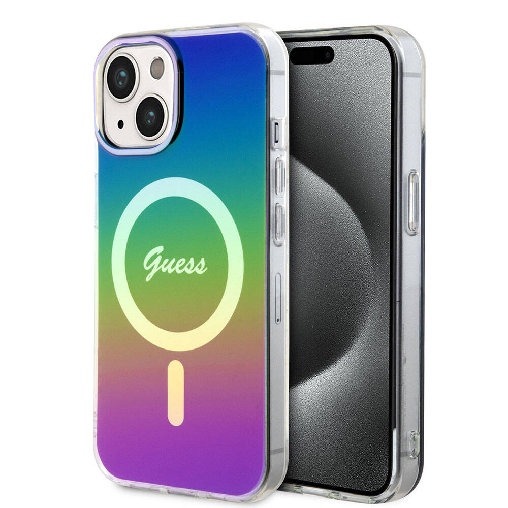 Apple iPhone 15 Kılıf Guess Orjinal Lisanslı M-safe Şarj Özellikli Yazı Logolu Iridescent Kapak