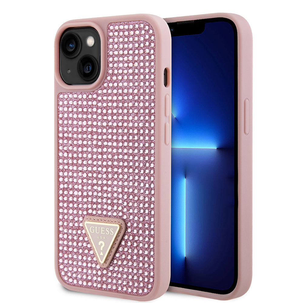Apple iPhone 15 Kılıf Guess Orjinal Lisanslı Taşlı Arka Yüzey Üçgen Logolu Kapak