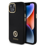 Apple iPhone 15 Kılıf Guess Orjinal Lisanslı Yazı ve Taşlı 4G Logolu Metal Kamera Çerçeveli Silikon Kapak