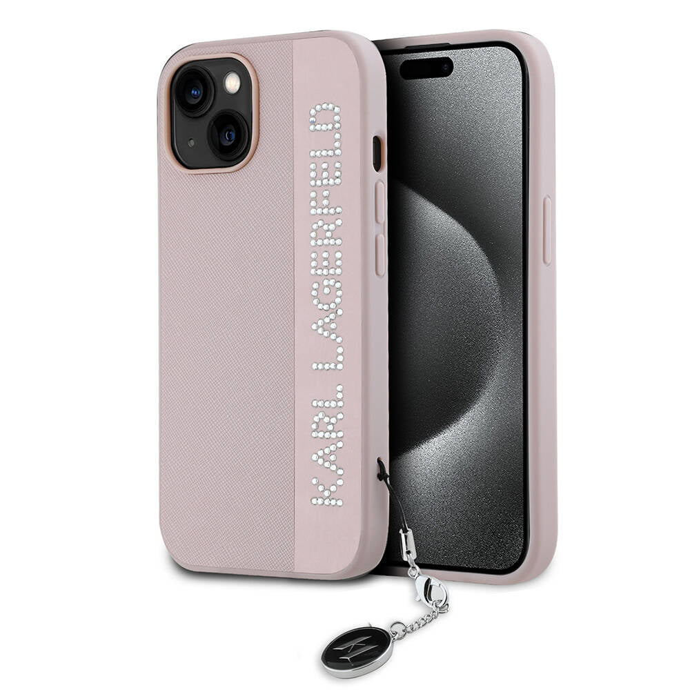 Apple iPhone 15 Kılıf Karl Lagerfeld Orjinal Lisanslı Anahtarlıklı Taşlı KL Yazılı Saffiano Rhinestones Kapak