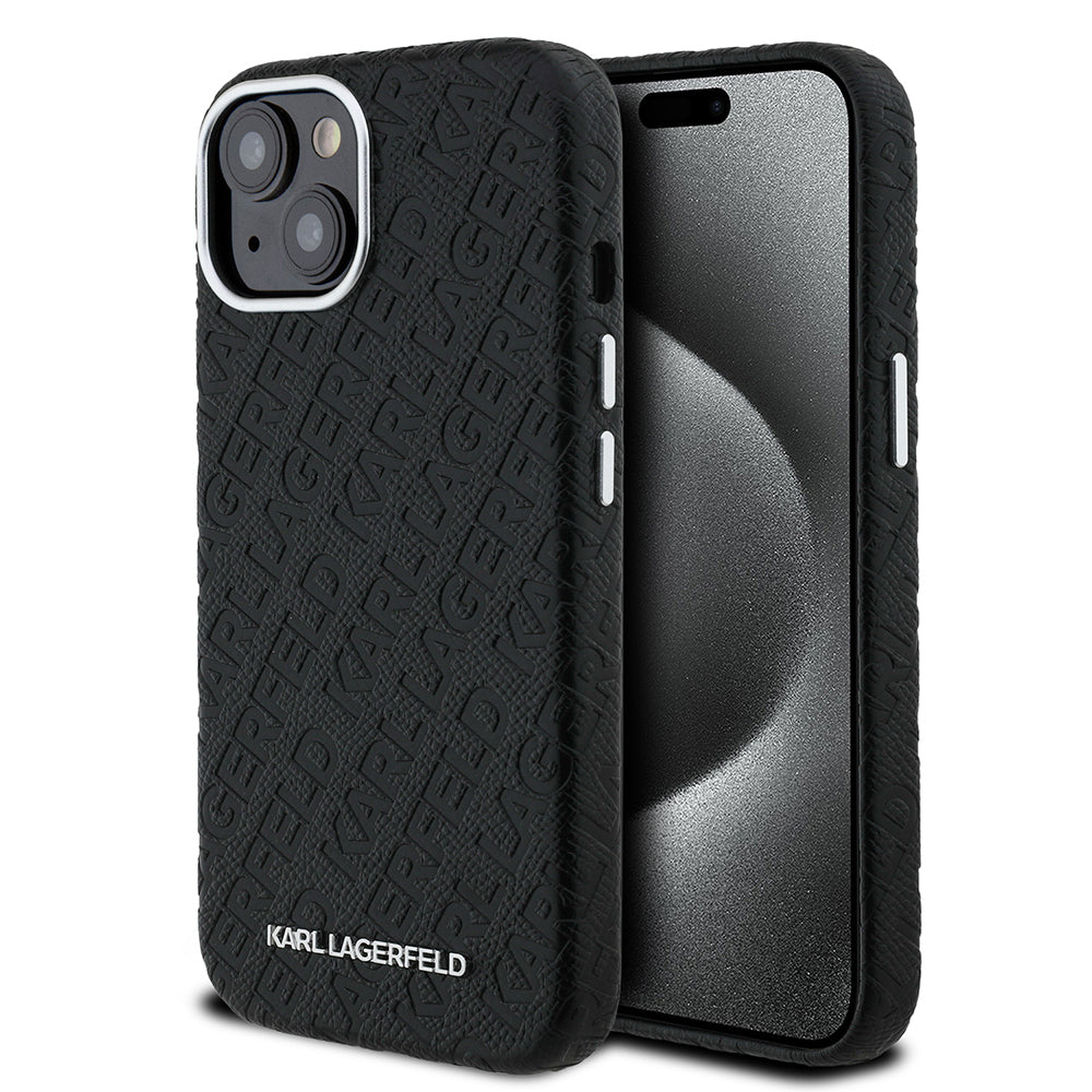 Apple iPhone 15 Kılıf Karl Lagerfeld Orjinal Lisanslı PU Deri Damgalı Metal Yazı Logolu Kapak