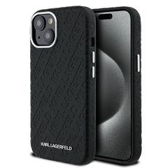 Apple iPhone 15 Kılıf Karl Lagerfeld Orjinal Lisanslı PU Deri Damgalı Metal Yazı Logolu Kapak