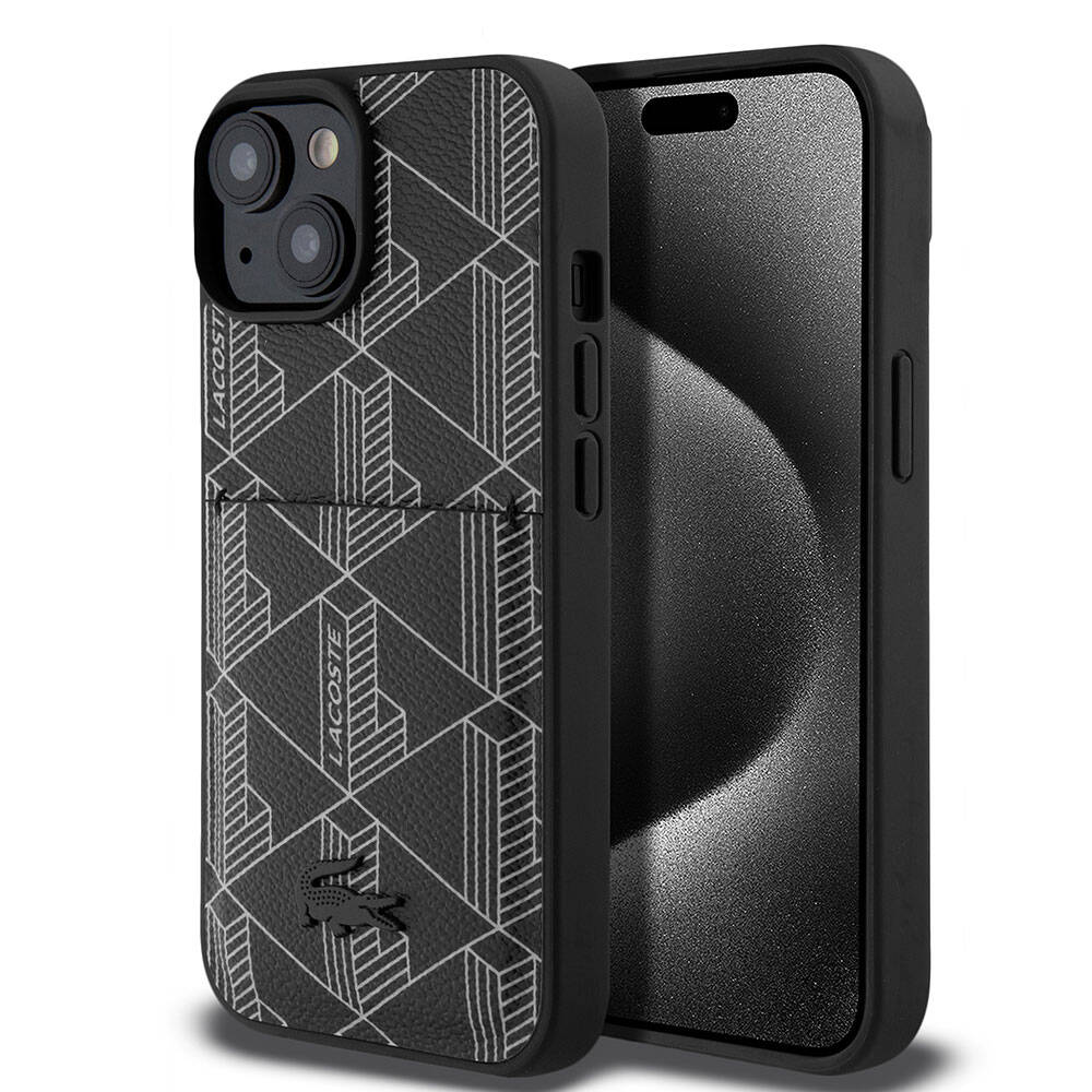 Apple iPhone 15 Kılıf Lacoste Orjinal Lisanslı M-safe Şarj Özellikli PU Deri Görünümlü Kartlıklı Karışık Monogram Desenli Kapak
