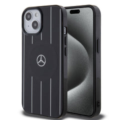 Apple iPhone 15 Kılıf Mercedes Benz Orjinal Lisanslı M-safe Şarj Özellikli Çift Katmanlı Paralel Çizgi Desenli Kapak