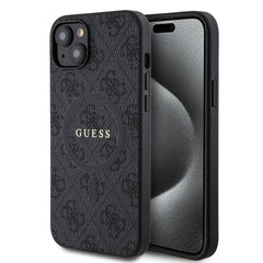 Apple iPhone 15 Plus Guess Orjinal Lisanslı M-safe Şarj Özellikli PU Halkalı 4G Desenli Yazı Logolu Kapak